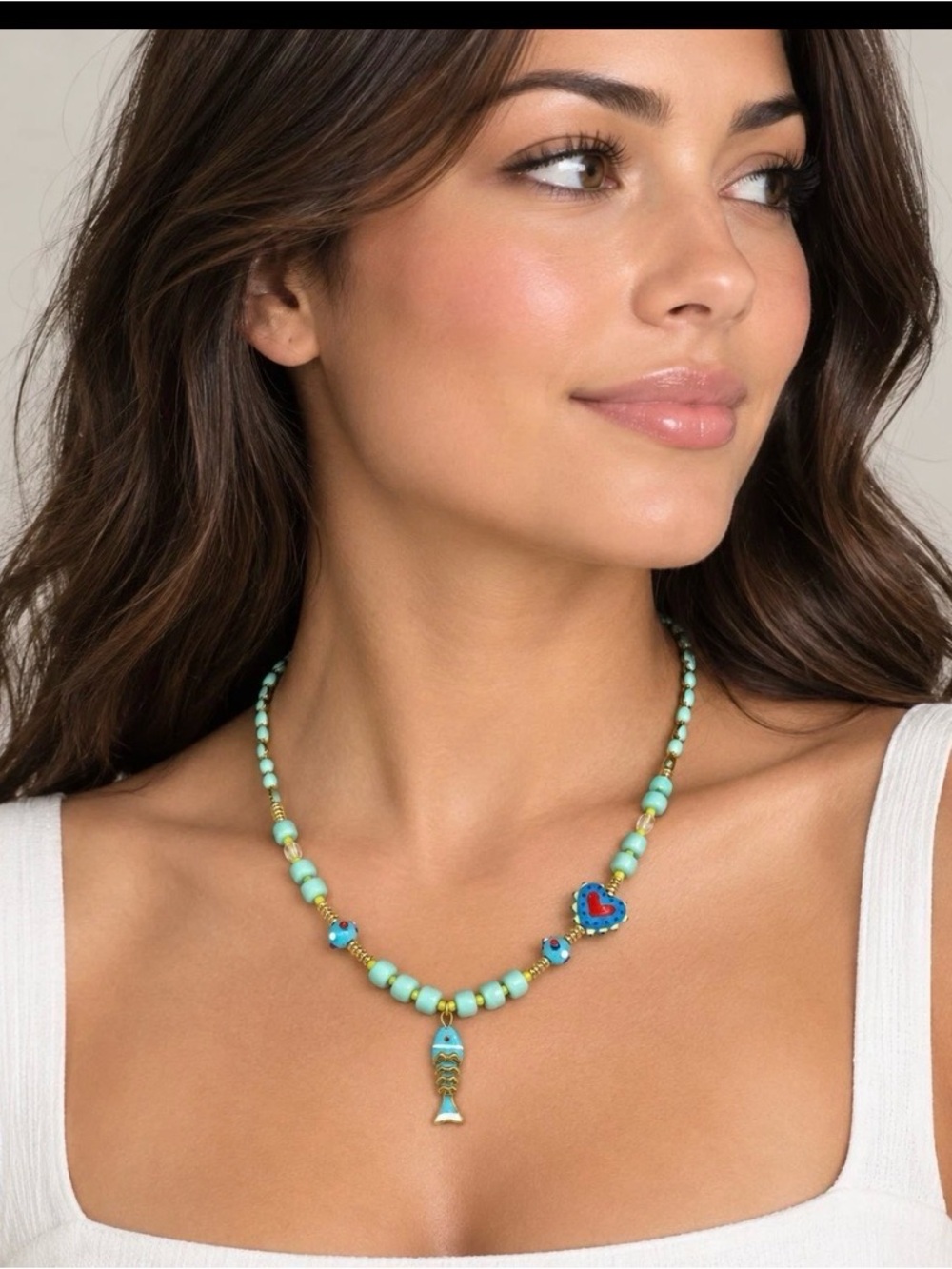 Aqua Folk Fish & Heart Charms Necklace New by MAYAMAR